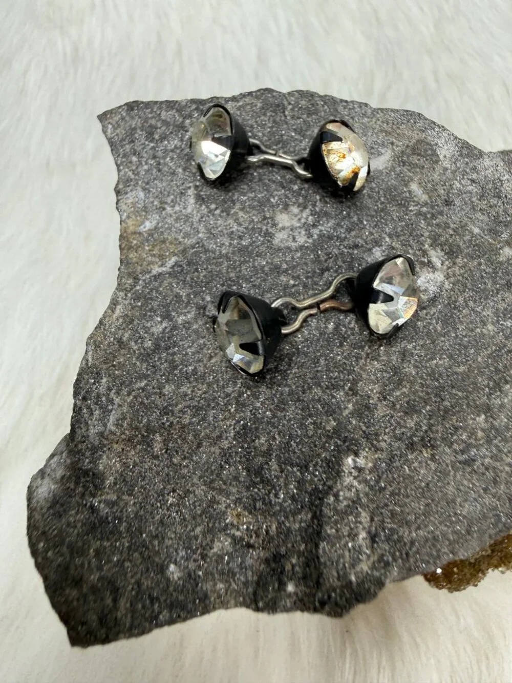 Vintage Black & Silver Tone Rhinestone Cuff Links .5